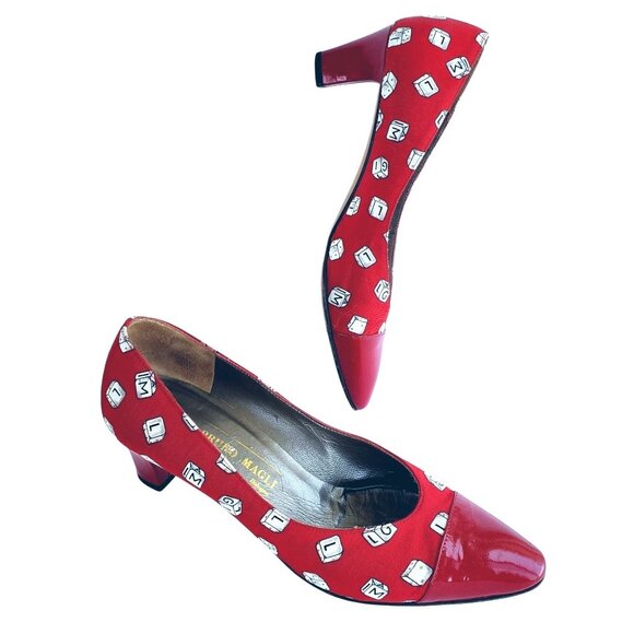 Bruno Magli Shoes - Bruno Magli 80s Vintage Red Heels 7.5 Novelty Dice Leather Canvas Rare Italy